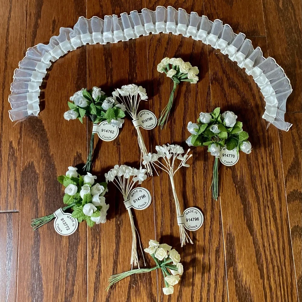 Wedding Set of 9 items artificial flowers and ribbon white silver green
